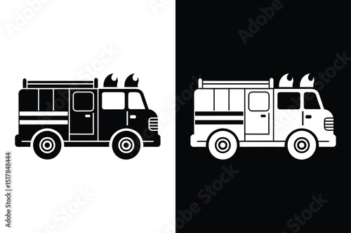 Black Firetruck Icon. Flat Vector Silhouette of Emergency Fire Vehicle