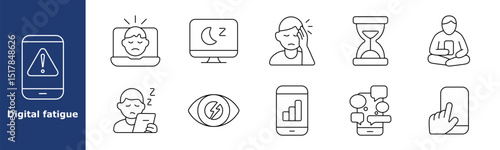 Digital fatigue set icon. Phone warning, man with laptop, sleeping monitor, head pain, hour icon, sitting with gadget, sleepy user, eye stress, data chart, chat, swipe gesture, tiredness.