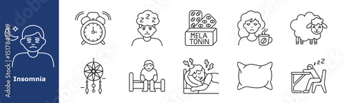 Insomnia set icon. Tired man, alarm clock, lack of sleep, melatonin box, coffee mug, sheep, dreamcatcher, bed, sleep pain, pillow, drowsy student, mental fatigue, nighttime issue.