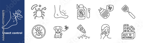 Insect control set icon. Mosquito on leg, tick, bite wound, repellent sprayer, plug-in device, swatter, bug warning, dog with insect, anti-itch cream, allergic skin, antihistamine medication.