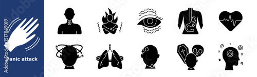 Panic attack set icon. Trembling hand, tight throat, woman in panic, eye tremor, stomach pain, heart pulse, head spinning, lungs, sweat, death fear, dizziness, mental pressure.