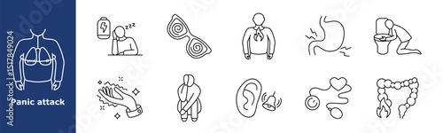 Panic attack set icon. Tired figure, dizzy glasses, heartburn, stomach ache, vomiting, numb hands, curled body, ear ringing, emotional blockage, intestinal pain, digestive stress.