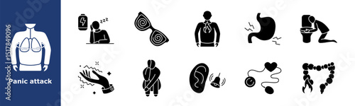 Panic attack set icon. Fatigue, dizziness, heartburn, stomach pain, vomiting, numbness, anxiety, ringing, emotional blockage, intestinal inflammation, distress, fear response.