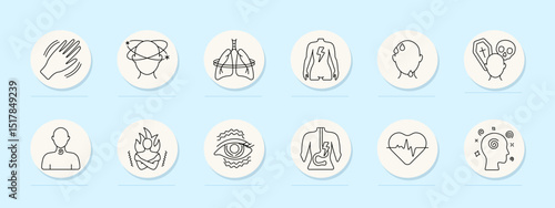 Panic disorder set icon. Trembling, vertigo, lungs, spine pain, sweat, fear of death, throat pressure, body heat, eye focus issue, gastric spasm, heart signal, disorientation.