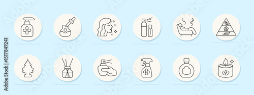 Fragrance therapy set icon. Dispenser, pipette, scent, beauty profile, perfume duo, aromatherapy sofa, note pyramid, air freshener, diffuser sticks, hand spray, home perfume, aroma candle.