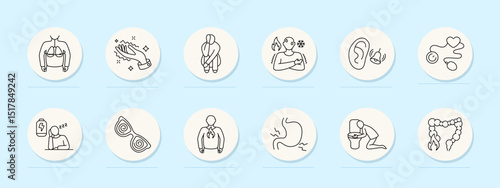 Panic attack set icon. Chest pain, hand tremor, crouching stress, heat chill, ringing ear, heart rate, exhaustion, visual noise, acid burn, stomach spasm, nausea, intestine inflammation.