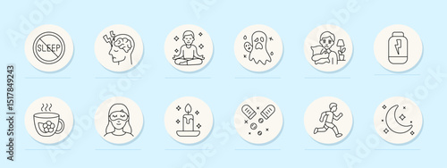 Sleep disorder set icon. No sleep, brain stress, meditation, nightmare, insomnia, supplement, herbal tea, eye mask, candle, pill, running, night.