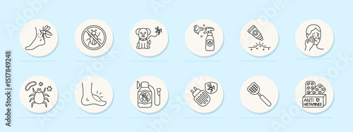 Insect allergy set icon. Mosquito bite, bug stop, pet danger, repellent, rash, allergy face, tick, inflammation, itchy foot, pesticide, trap, antihistamine.