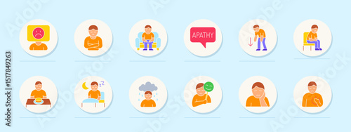 Depression symptoms set icon. Sadness, apathy, isolation, loss of interest, fatigue, insomnia, crying, mood swing, emptiness, despair, chest heaviness.