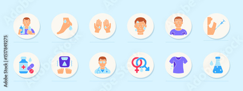 Allergy set icon. Water intake, dry nose, hands, facial reaction, muscle, injection, pills, weight change, doctor, gender-specific, sweat, lab test.