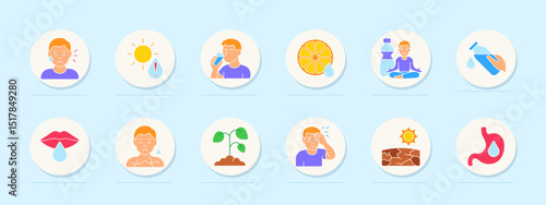 Dehydration set icon. Sweating, heat, drinking, citrus, hydration meditation, hand bottle, dry lips, chest pain, plant, headache, cracked ground, stomach dryness.