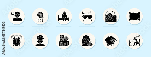 Sleep problem set icon. Tired person, dreamcatcher, sitting in bed, mask, body ache, pillow, alarm, insomnia, melatonin, caffeine, sheep, desk nap.