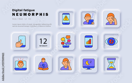 Digital fatigue set icon. Warning screen, mobile use, tired eyes, finger tap, headache, overloaded chat, chart, alert face, sleep monitor, sandglass.