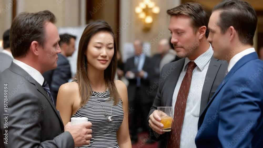 Business Networking Event: Four business professionals engage in a lively discussion at a networking event, showcasing professional attire, confident body language, and subtle interaction. Business Networking Event: Four business professionals engage in a lively discussion at a networking event, showcasing professional attire, confident body language, and subtle interaction.