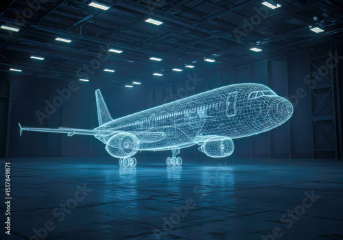 Futuristic Airplane Design Wireframe Model in Modern Hangar Digital Innovation Transportation Technology