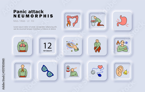 Panic attack set icon. Palpitation, nervous system, heart rate, body spasm, dizzy head, sweating, eye strain, trembling, fear, heat, inner shock, exhaustion.