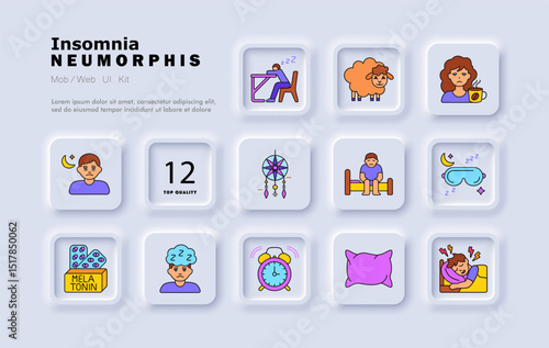 Insomnia set icon. Night alertness, sheep counting, melatonin, dreamcatcher, fatigue, pillow, coffee, sleep mask, headache, early alarm, discomfort, sleep aid.