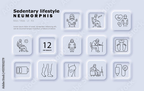 Sedentary lifestyle set icon. Seated person, poor posture, tiredness, work stress, weight gain, swelling legs, inactivity, blood pressure, energy loss, muscle issues.