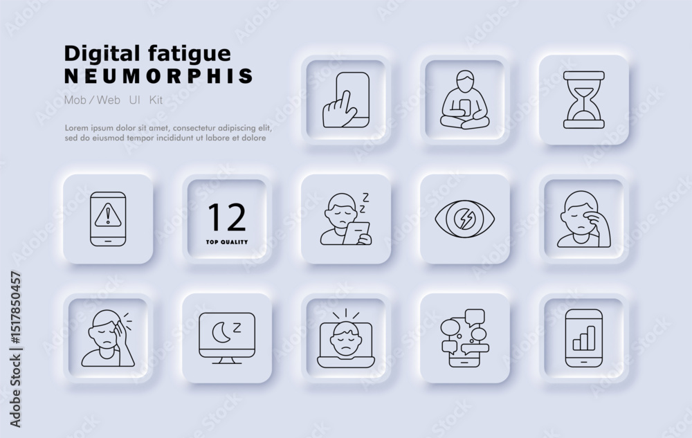Digital fatigue set icon. Smartphone alert, screen touch, reading pose, hourglass, eye strain, drowsiness, social overload, night work, tiredness, communication stress. Digital fatigue set icon. Smartphone alert, screen touch, reading pose, hourglass, eye strain, drowsiness, social overload, night work, tiredness, communication stress.