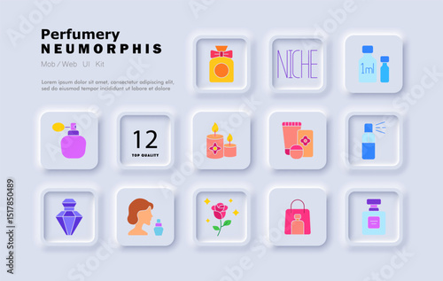 Perfumery set icon. Glass bottle, aroma candle, floral cream, atomizer, gift bag, rose, niche label, test sample, woman, cosmetic set, decorative cap, fragrance mist.