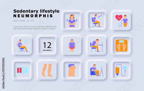 Sedentary lifestyle set icon. Seated person, poor posture, swelling legs, low energy, office work, scale, back pain, obesity, blood pressure, work fatigue, inactivity.