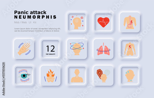 Panic attack set icon. Rapid heart, dizziness, stomach pain, nausea, visual blur, fear, body discomfort, chest burn, confusion, breath shortness, sensory overload.
