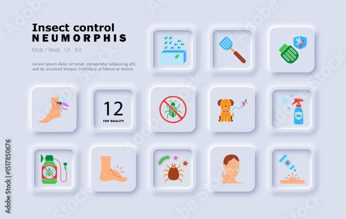 Insect control set icon. Mosquito bite, antihistamine, repellent spray, swatter, bug trap, rash cream, allergic reaction, bite mark, pest danger, parasite defense.
