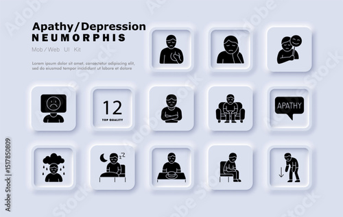 Apathy set icon. Sad face, no emotion, empty speech, sleeping, cloud with rain, eating disorder, social withdrawal, inactive pose, hopeless gesture, night loneliness.