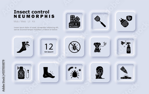Insect control set icon. Mosquito bite, antihistamine, swatter, bug spray, pet defense, bite rash, irritated skin, stop sign, cream tube, infection mark, allergy pain.
