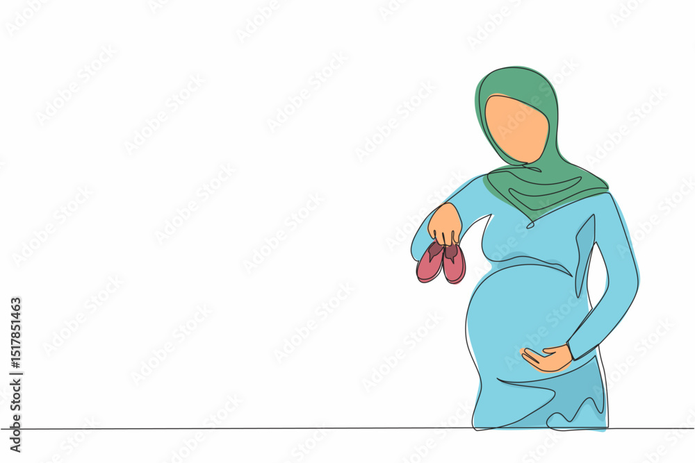 Single one line drawing small shoes for unborn baby in belly of pregnant woman. Arabian pregnant woman holding small baby shoes relaxing at home in bedroom. Continuous line draw design graphic vector Single one line drawing small shoes for unborn baby in belly of pregnant woman. Arabian pregnant woman holding small baby shoes relaxing at home in bedroom. Continuous line draw design graphic vector