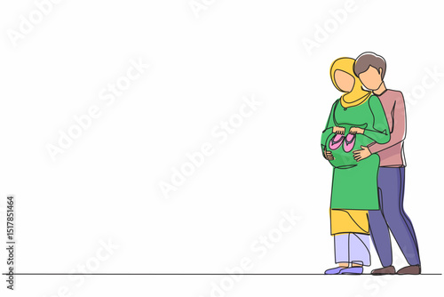 Continuous one line drawing Arab pregnant woman and her husband holding baby shoes and hugging tummy. Pregnant woman holding baby shoes while husband touching her belly. Single line draw design vector
