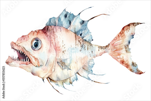 anglerfish, goldfish watercolor vector illustration, underwater ocean fish art isolated on white background