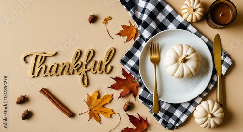 Autumn Table Setting with Pumpkin, Candle, and 'Thankful' Decor