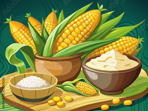 vector of Fresh sweet corn and corn starch in a wooden bowl - organic food...