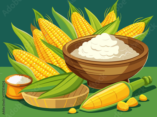vector of Fresh sweet corn and corn starch in a wooden bowl - organic food...