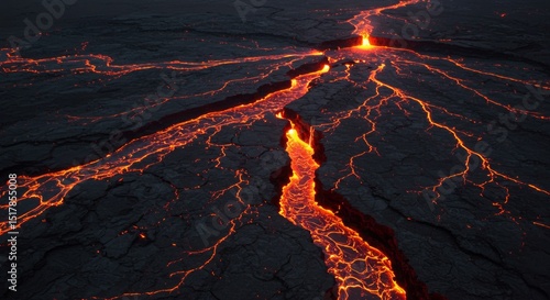 Aerial View of Molten Lava Flowing Through Volcanic Crack Night Scene