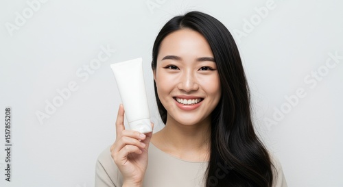 Beautiful Asian Woman Holding Blank Cosmetic Tube Skincare Product Mockup Healthy Skin