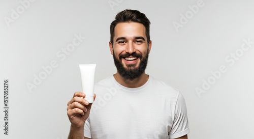 Happy Man with Beard Holding Blank White Tube Skincare Product Studio Shot