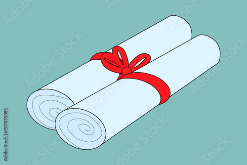 Illustration two rolled diplomas tied with red ribbon on teal background. Education and graduation concept. Back to school symbolism. For education end visual, educational theme, and classroom decor.