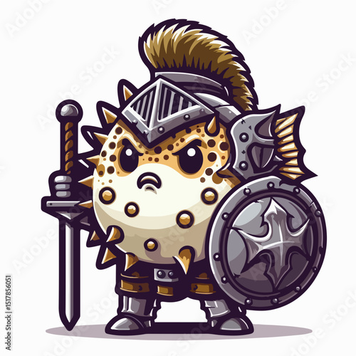 Brave Pufferfish Knight: This image showcases a fearless pufferfish clad in shining armor, wielding a sword and shield, ready for any battle, a symbol of courage and protection.
