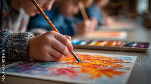 Close-up of Children Painting Fall Leaves with Watercolors in Art Class, Creative Expression and Artistic Development, Educational Activities