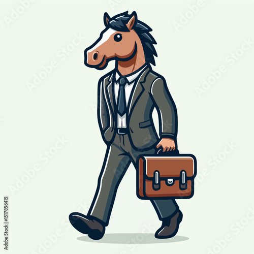 Equine Executive: A stylish illustration portrays a horse-headed businessperson, dressed in a smart suit and carrying a briefcase, confidently striding forward.