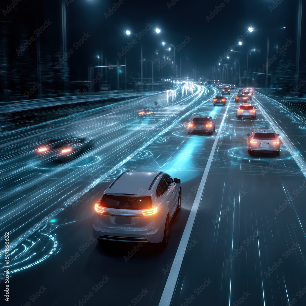 Fototapeta premium Autonomous vehicle maneuvers through a high-tech highway system, seamlessly navigating its path.