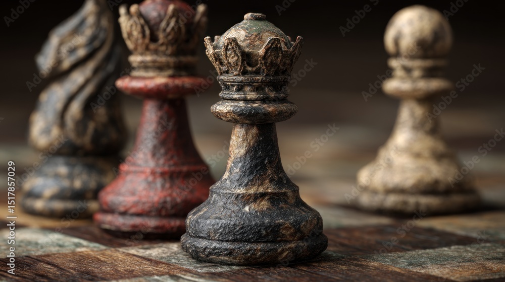 Fototapeta premium Artistic chess pieces on a wooden board in close-up view showcasing texture
