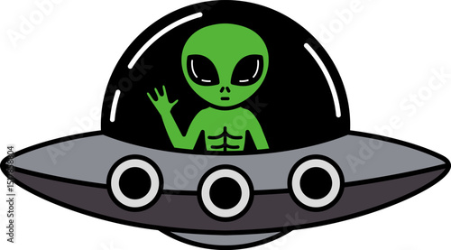 A green alien is sitting inside a spaceship