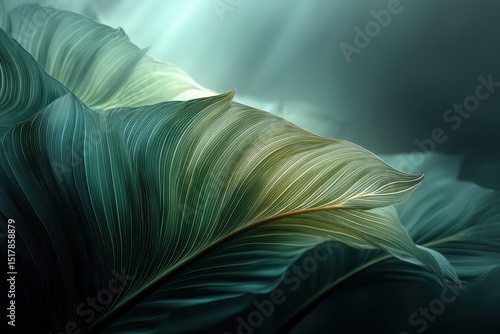 Close-up of an abstract, textured leaf pattern with striking lines and soft teal and green hues, creating a calming and organic visual experience.