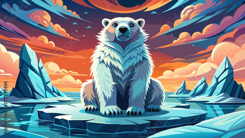 Playful cartoon polar bear sitting on floating ice floe, with scenic arctic background and icy formations in vibrant vector style