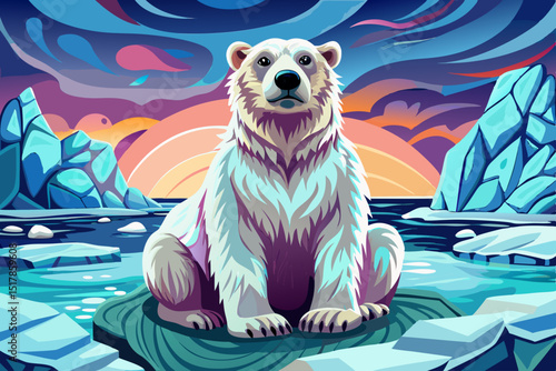 Playful cartoon polar bear sitting on floating ice floe, with scenic arctic background and icy formations in vibrant vector style