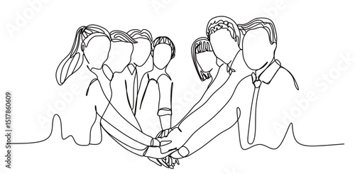 continuous single line art of a team of male and female office workers clasping their hands in a gesture of solidarity for their success