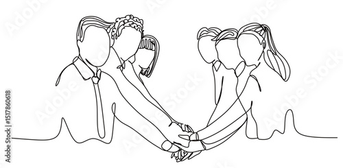 continuous single line art of a team of male and female office workers clasping their hands in a gesture of solidarity for their success